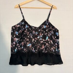 Victoria's Secret Floral Satin‎ Camisole Black Lace Trim Ruffle Hem Top Large